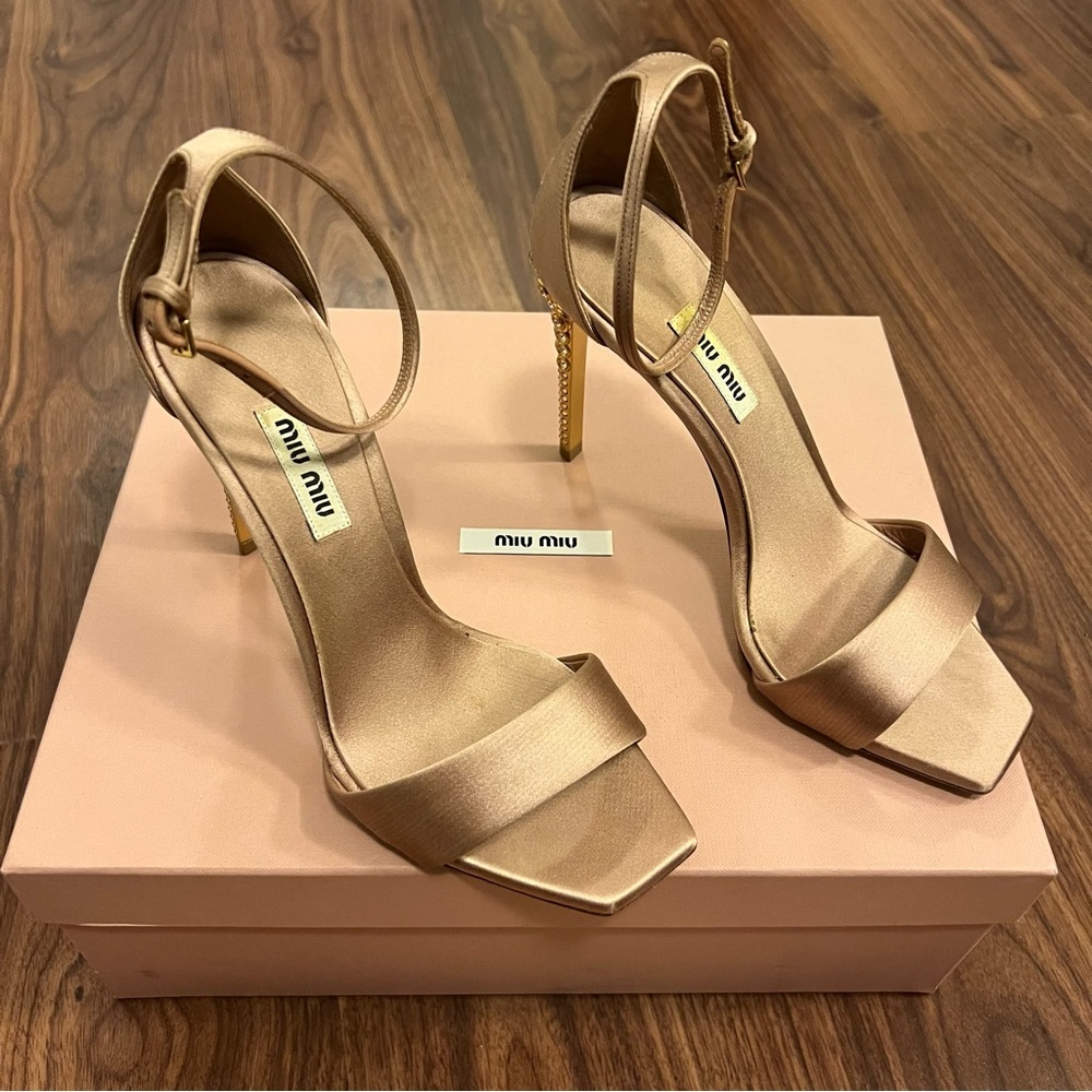 Miu Miu rose gold silk Ankle Strap Heels